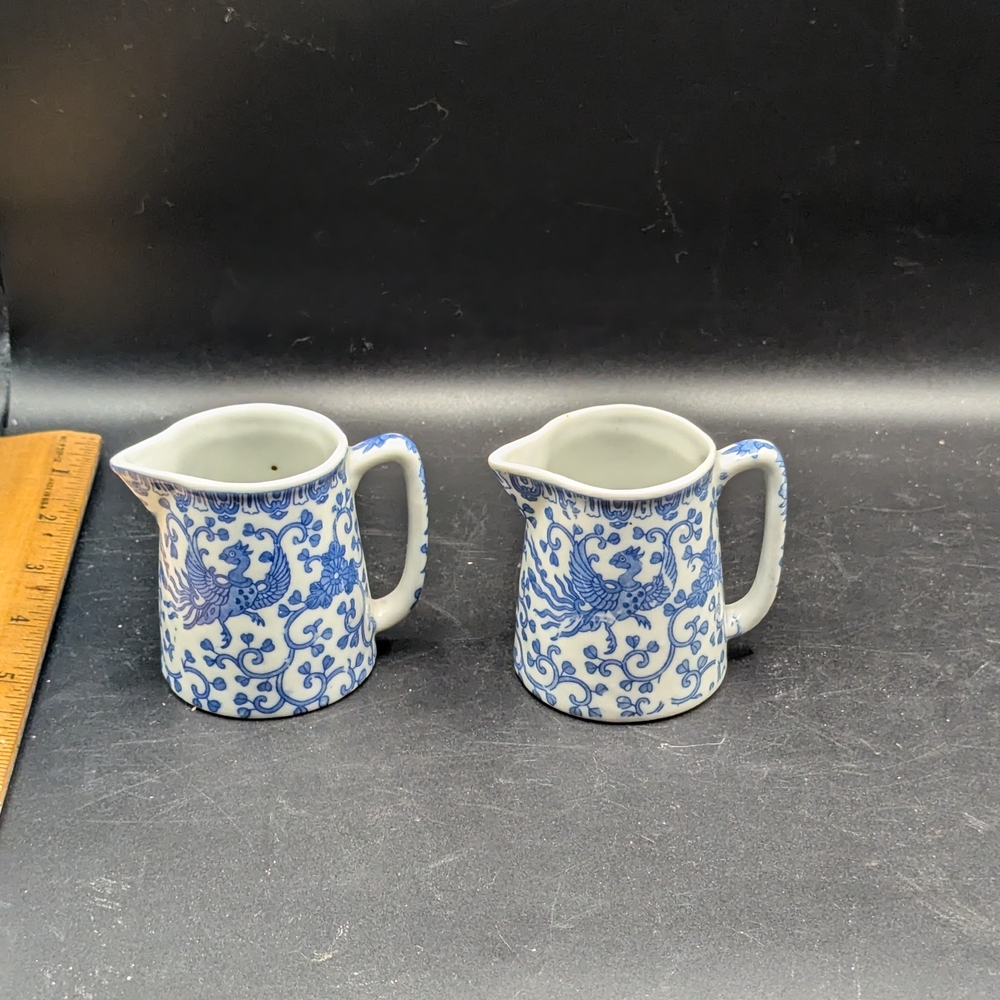 Vintage Set of 2 Morimura Phoenix Bird Flying Turkey Blue & White Creamer 2.75"